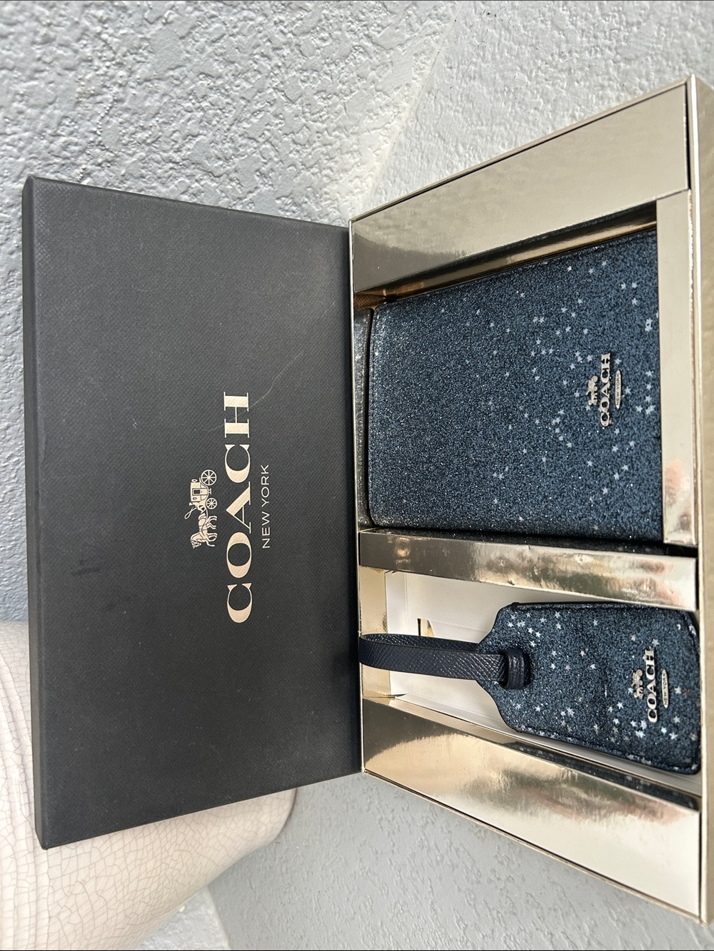 Coach Navy Glitter Passport Wallet with Matching Luggage Tag Set
